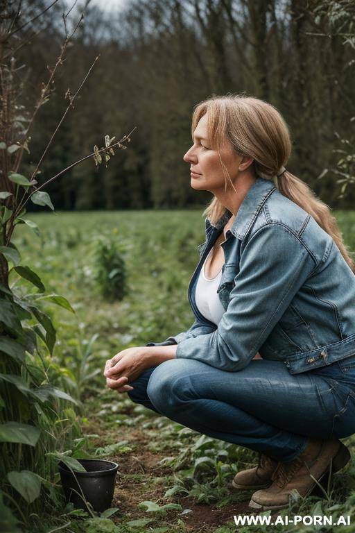 farmer woman, shirt, jeans, jacket squatting in underbrush besides field, hands on knees, bowed head, side view - #main