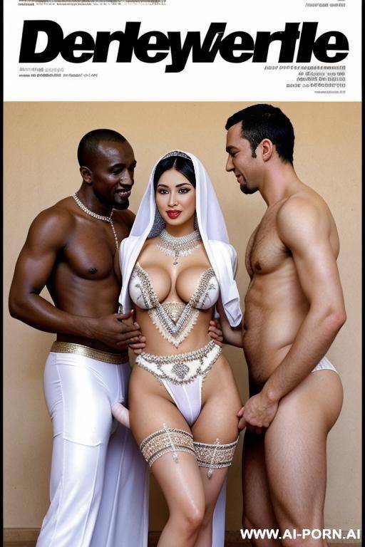 beautiful uzbek milky-white skin woman dances with 2 african men with long penises. magazine cover. - #main