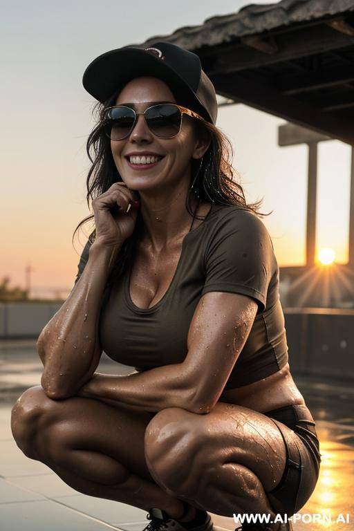 mom, spanish , punk, muscle fit ,sunglasses, boobs, tight shorts, baseball cap red, neckline t-shirt military style , wet hair , oil skin ,roof , sunset - #main