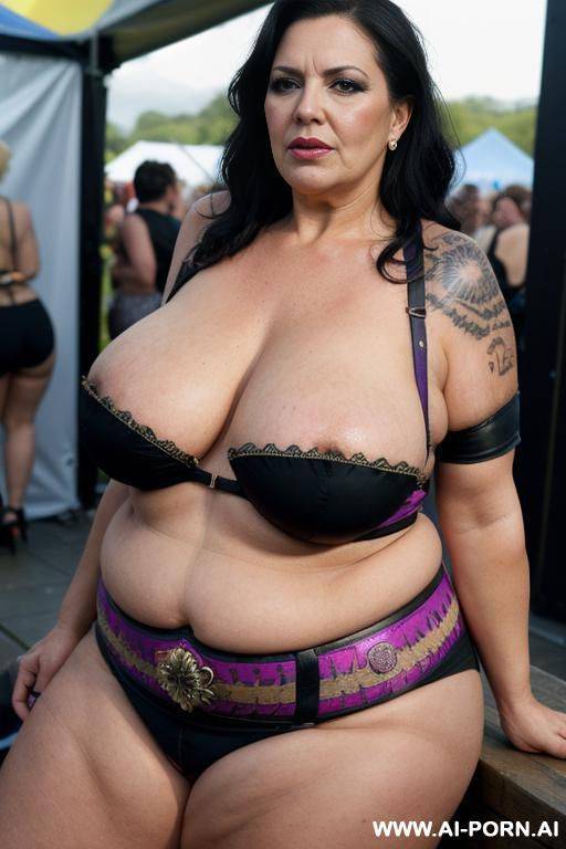 very old matured gilf, aging mark, wrinkle skin, huge saggy boobs, chav, slag, slut, whore, glastonbury, festival, festival outfit, colorful outfit, festival clothes, slutty costume, rave costume, rave outfit, cosplay, tattoo, waist shot, night time - #main