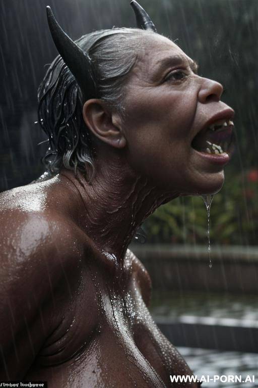 downpour (raining very heavily, like a wall of water).two characters on the image. character a: very big (((monster!))) (fantastic looking creature) (terrible monster looks like devil) stands in - #main