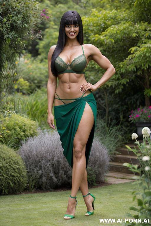 indian, pony bangs, fit, abs, muscular arms, big ass, tall, long legs, navel piercing, green bra, green pleat skirt, looking at camera, full body, stiletto, in garden - #main