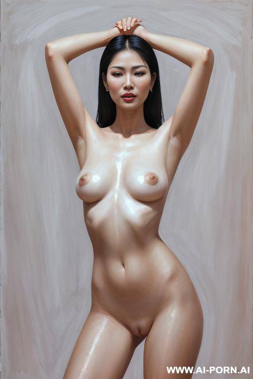 hyperrealism painting: very beautiful sexy orgazm uzbek face, totally nude body. white skin. standing full-length view. holding his head with his hands up. art. - #main