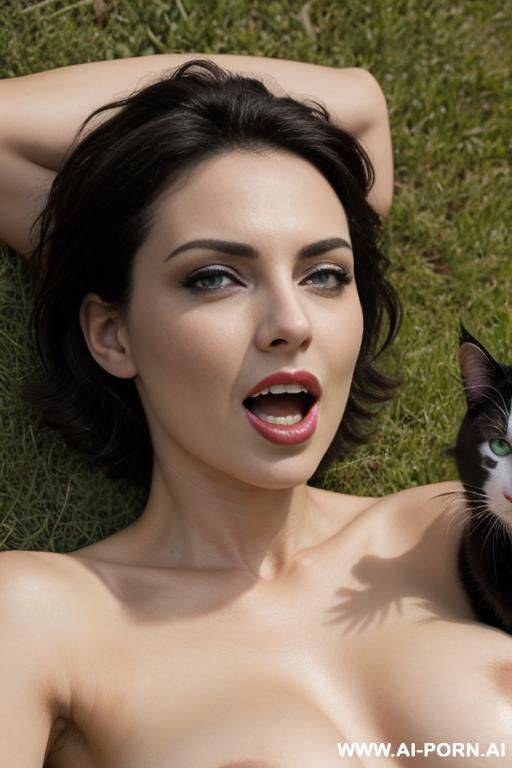 woman with cat body, natural breasts, gray short hair, dark areolas, green eyes, green nails, open mouth, lying on grass - #main