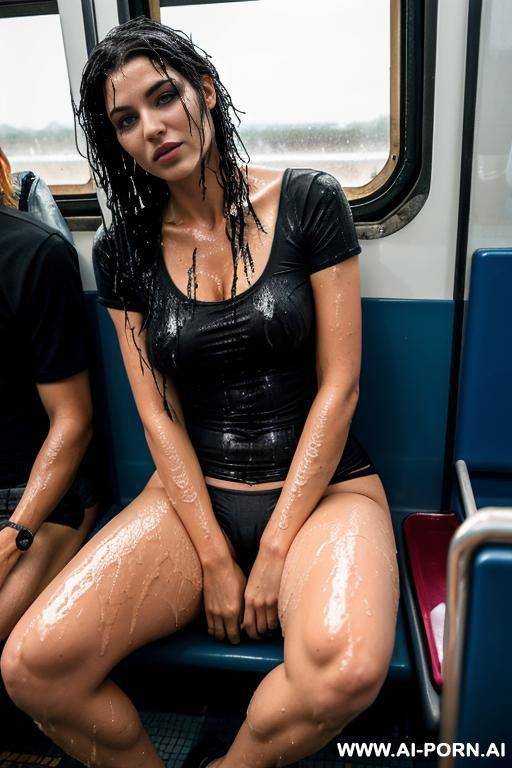 extreme wet woman, sitting in the train compartment, legs over each other, looking to the viewer, t-shirt with deep neckline, underpants visible - #main