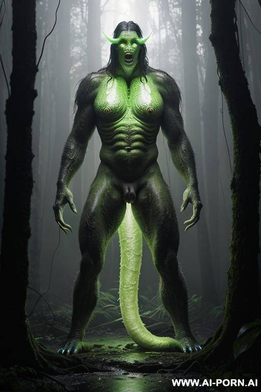 a cinematic full-body shot of (((two!))) distinct figures is in a dense tropical rainforest during a heavy downpour. one is a mature human woman with a weathered, extremely giant boobs (oversized - #main