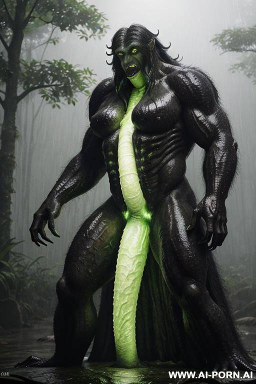 a cinematic full-body shot of two distinct figures is in a dense tropical rainforest during a heavy downpour. one is a mature human woman with a weathered, extremely giant boobs (oversized - #main