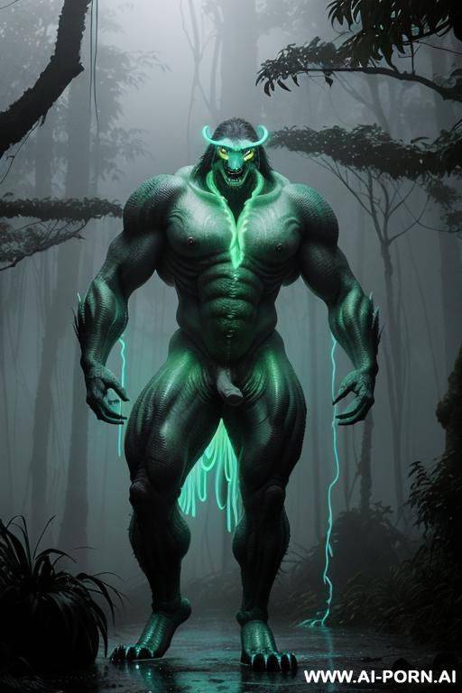 a cinematic full-body shot of two distinct figures standing in a dense tropical rainforest during a heavy downpour. one is a mature human woman with a weathered, extremely giant boobs, expressive - #main