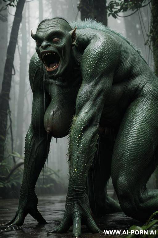 a cinematic full-body shot of (((two!))) distinct figures is in a dense tropical rainforest during a heavy downpour. one is human granny with a weathered, extremely giant saggy boobs (oversize - #main