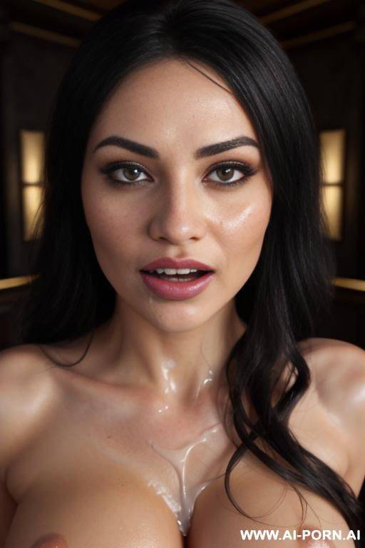 a beautiful succubus with flowing black hair and golden eyes, bat wings, her flawless figure accentuated by her red skin, playfully sticking her pointy tongue out, covered in cum, set against a - #main