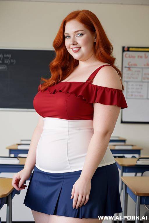 close up full body photo shot, about at classroom, chubby very obese redhead fat bbw curvy teacher, wearing a sexy and hot micro red ruffle skirt, and elegant top, teaching to the classroom. - #main