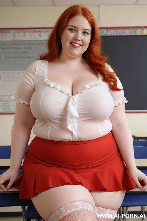 close up full body photo shot, about at classroom, chubby very ((obese)) redhead fat bbw curvy teacher, wearing a sexy and hot micro red ruffle skirt, and elegant top, teaching to the classroom. - #main