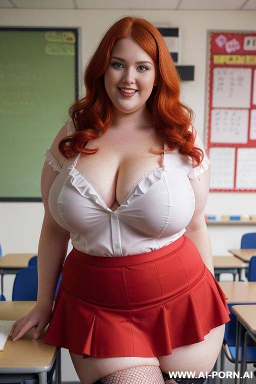 close up full body photo shot, about at classroom, chubby very ((very obese)) redhead fat bbw curvy teacher, wearing a sexy and hot micro red ruffle skirt, and elegant micro top, wearing stockings fishnet, teaching to the classroom. - #main