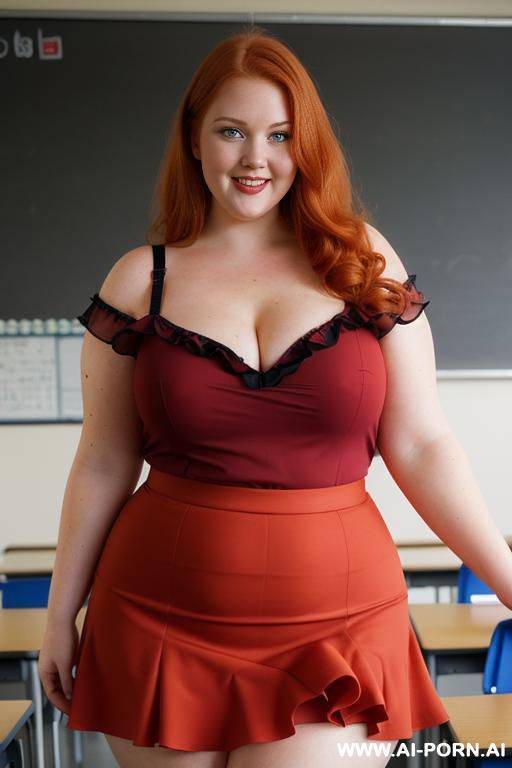 close up full body photo shot, about at classroom, chubby very obese redhead fat bbw curvy teacher, wearing a sexy and hot micro red ruffle skirt, and elegant top, teaching to the classroom. - #main