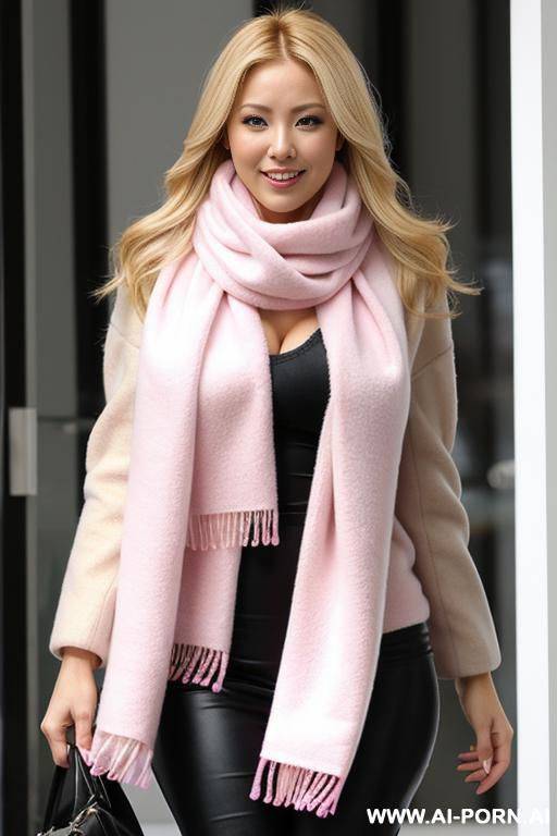 blonde mommy hourglass body full shot giant pink fluffy scarf - #main