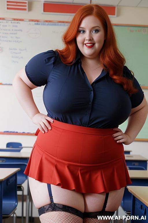 close up full body photo shot, about at classroom, chubby very ((very obese)) redhead fat bbw curvy teacher, wearing a sexy and hot micro red ruffle skirt, and elegant micro top, wearing stockings fishnet, teaching to the classroom. - #main