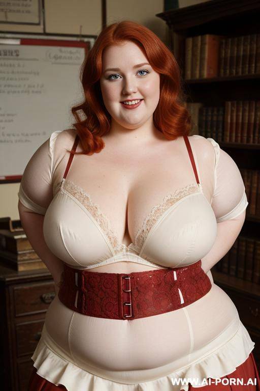 close up full body photo shot, about at classroom, chubby very ((very obese)) redhead fat bbw curvy teacher, wearing a sexy and hot micro red ruffle skirt, and elegant top, teaching to the classroom. - #main