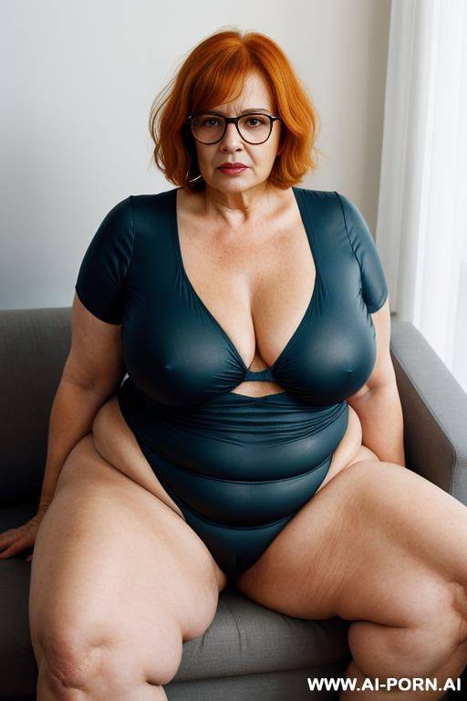 old grandma bbw, fat lady, no shirt, no pant, not covering them, very huge hips, very humongous chest, wearing really tight clothes that go against the body, basically wearing nog, naked - #main