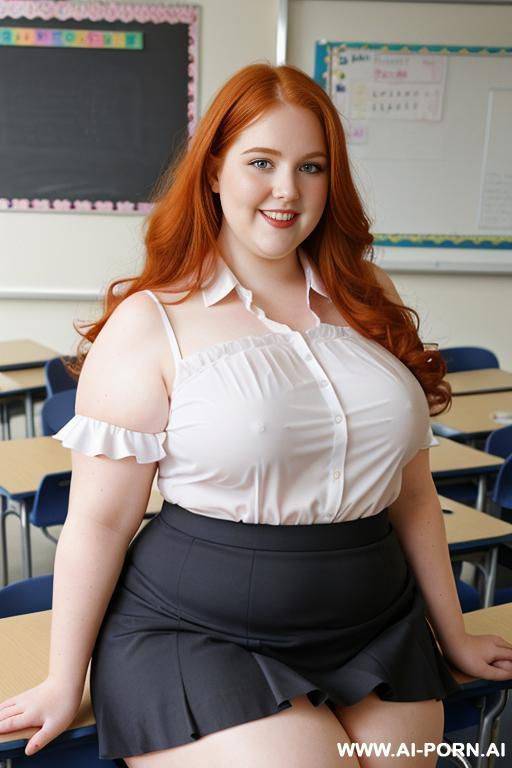 close up full body photo shot, about at classroom, chubby very ((very obese)) redhead fat bbw curvy teacher, wearing a sexy and hot micro ruffle skirt, and elegant top, teaching to the classroom. - #main