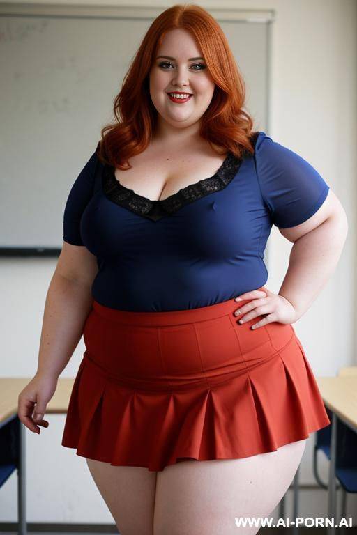 close up full body photo shot, about at classroom, chubby very ((very obese)) redhead fat bbw curvy teacher, wearing a sexy and hot micro ruffle skirt, and elegant top, teaching to the classroom. ((dynamic angle)) - #main