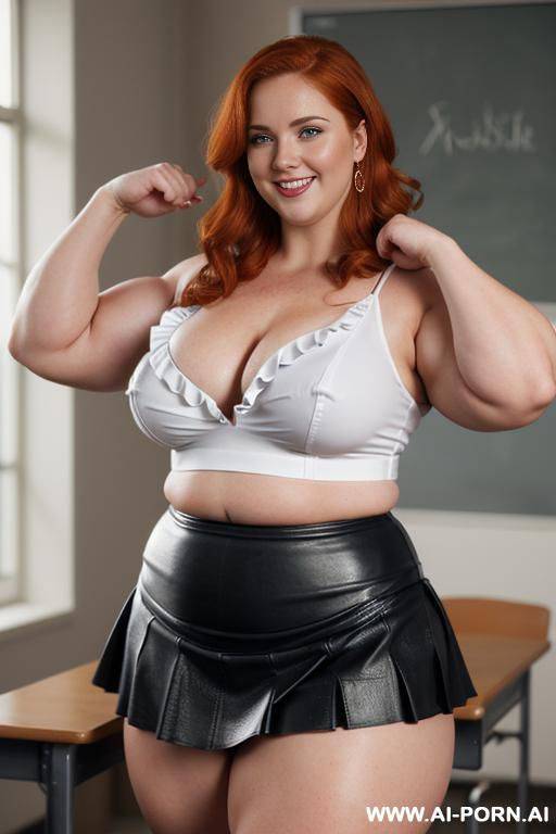 close up full body photo shot, stunningly beautiful, about at classroom, chubby very ((very obese)) redhead fat bbw curvy teacher, (((wearing a sexy and hot micro ruffle leather skirt, and - #main