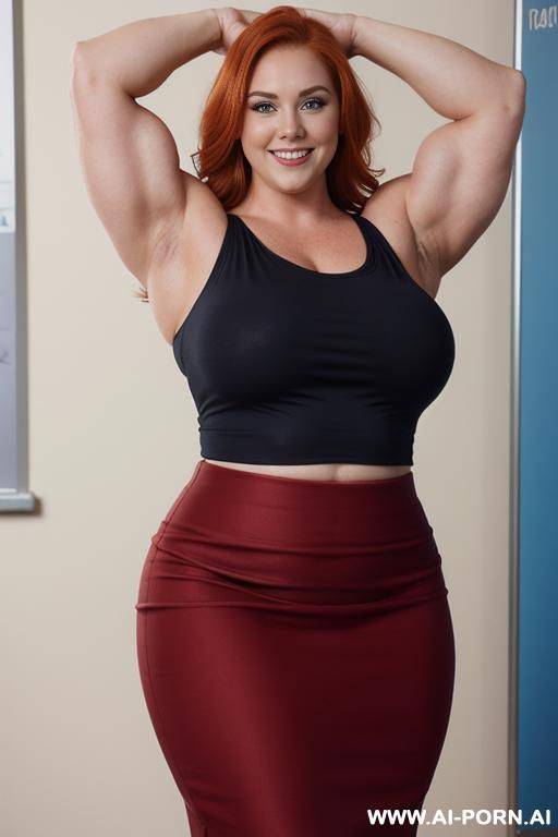 close up full body photo shot from front, stunningly beautiful, about at classroom, chubby very very obese redhead fat bbw curvy teacher, (((wearing a sexy and hot micro pencil skirt, and - #main