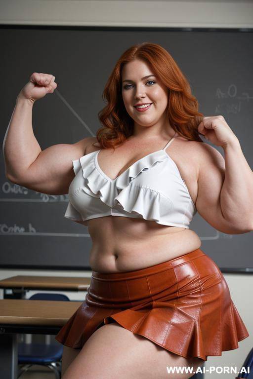 close up full body photo shot from front, stunningly beautiful, about at classroom, chubby very very obese redhead fat bbw curvy teacher, (((wearing a sexy and hot micro ruffle leather skirt, - #main