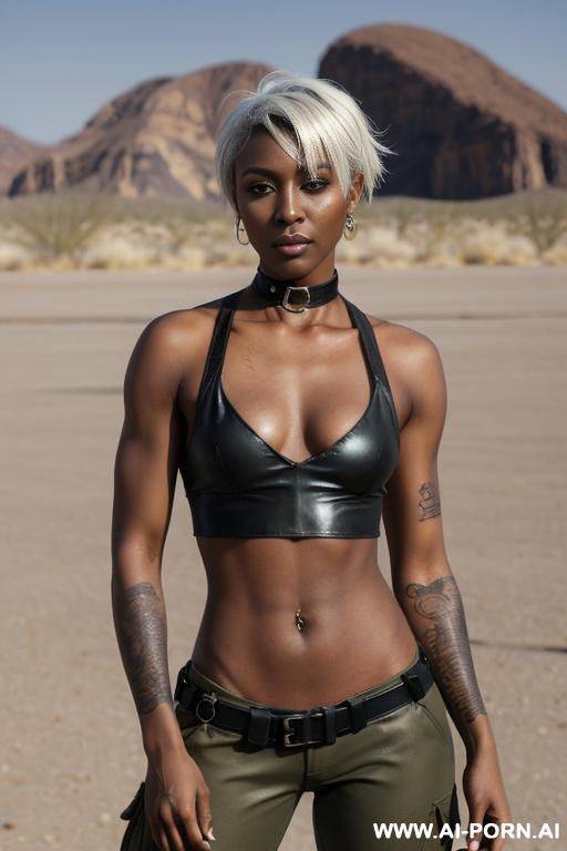 a naked dark-skinned muscular policewoman with short white hair, a body covered in vulgar inscriptions and sprayed with white liquid in a collar, lies in tears with a lost look in full growth, toples, piercing nipples - #main