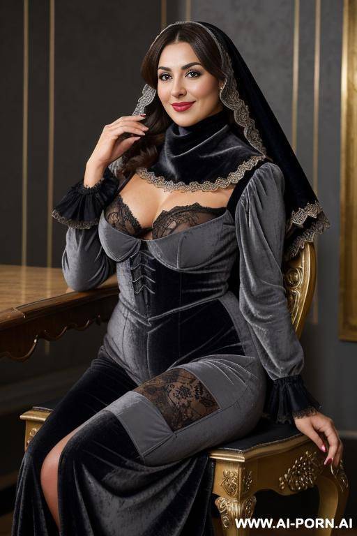 ((1 mu woman in grey velvet burqa), (5 years old, mature, grandma 1.2)), - #main