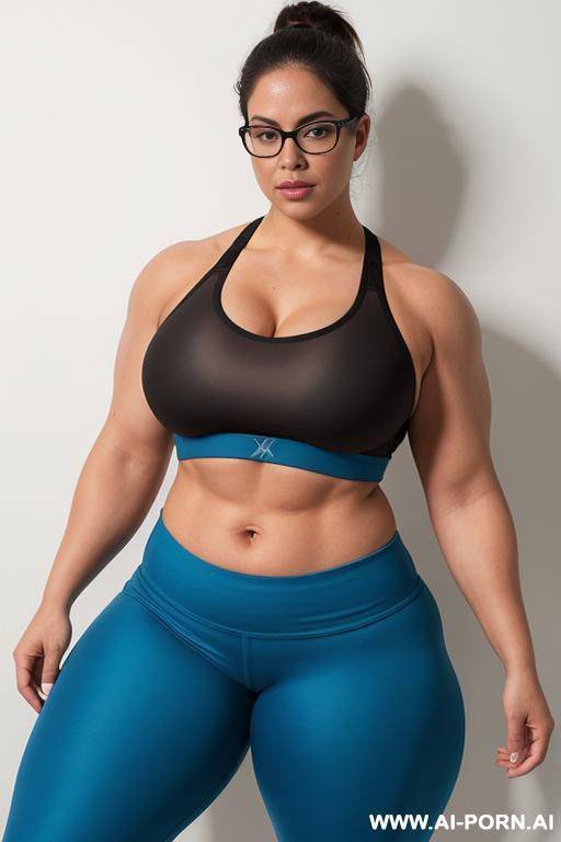 (thick rimmed glasses) (sports bra), massive thighs, gigantic thighs, obese thighs, muscled bulked up thighs, huge thighs - #main