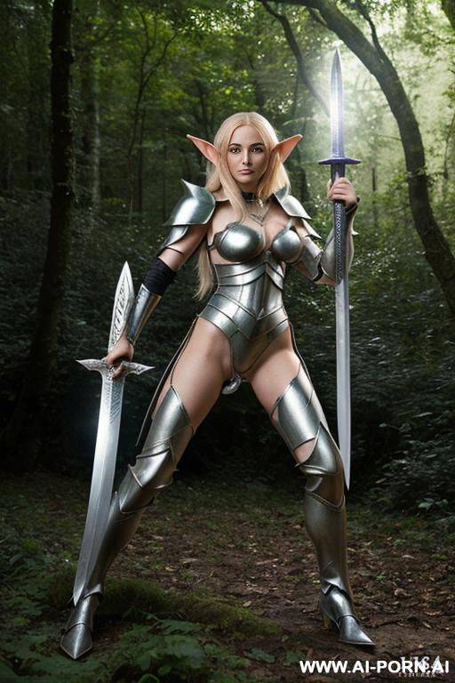 (close up) (woman elf soldier) (transparent clear magical armor) (exposing breasts) (lush forest) (sword lunge pose) (holding magical sword and shield) - #main