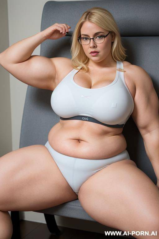 blonde beautiful woman, (thick rimmed glasses) (sports bra), massive thighs, gigantic thighs, obese thighs, muscled bulked up thighs, huge thighs, sitting on a man - #main
