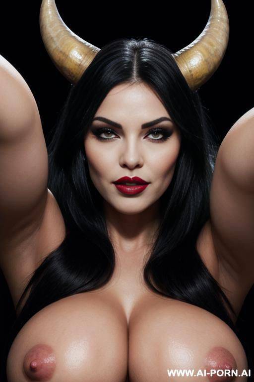 hot sexy bimbo demon, black ram horns, grey skin, magic mesmerizing seductive eyes, perfect body, perfect boobs, big lips, plump lips, oversized lips, black fur, close from bottom view, ((looking down)), ((smirking)) - #main