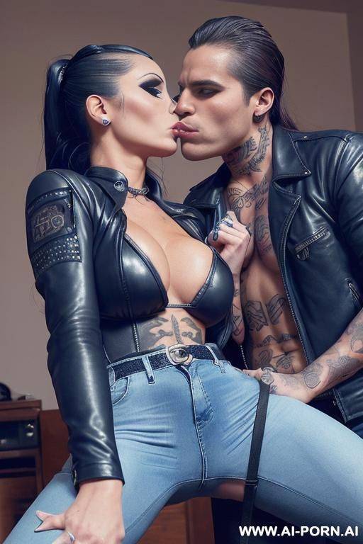 ((((latina milf)))) with huge tits, (makeup) , ((tight black leather jacket)) (((tight blue jeans))) (((((selfie with a guy))))) (((kissing))) - #main