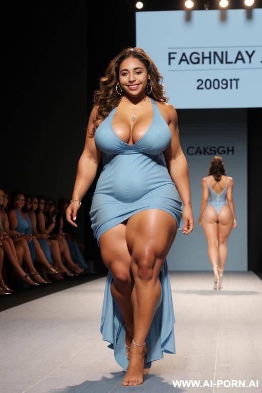 full body shot of a light brown skinned 20 year old athlete, smiling, ((massive breasts)), ((((thick arm muscles)))), long wavy hair with highlights, walking down a runway at a fashion show, wearing a light blue nightgown showing cleavage - #main