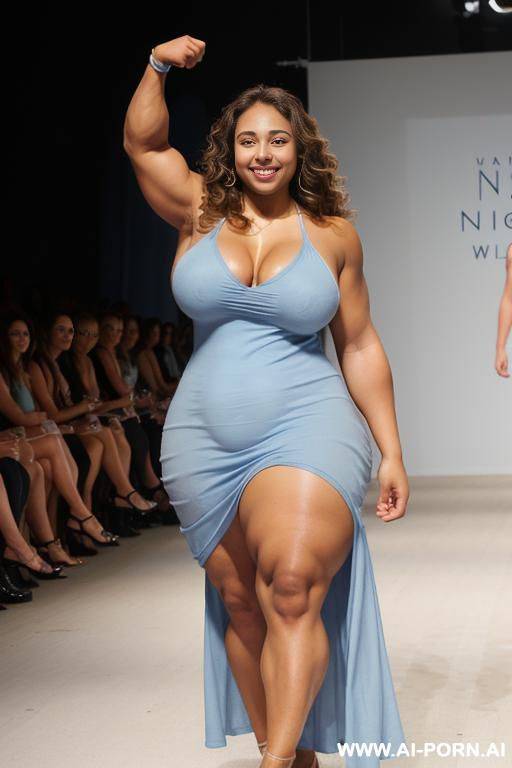 medium body shot of a light brown skinned 20 year old athlete, smiling, ((massive breasts)), ((((thick arm muscles)))), long wavy hair with highlights, walking down a runway at a fashion show, wearing a light blue nightgown showing cleavage - #main