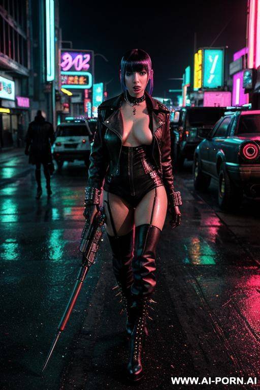 cyberpunk, neon city, blade runner, street at night. girl wearing shiny black boots. punk hairstyle. - #main