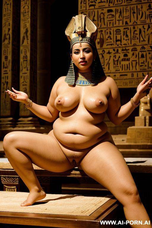 an ancient egyptian chubby naked female temple servant with shaved vagina is spreading her legs on a table in the temple - #main