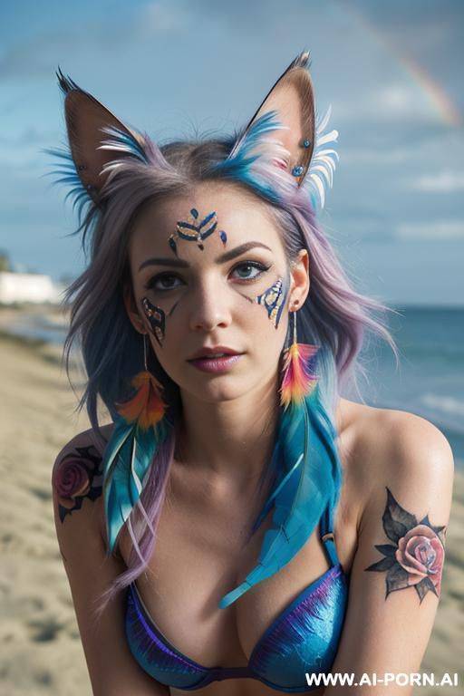 face, sexy, beautiful, ((face painting)), ((bikini as seashell)), ((tattoo roses)), ((eyes shw)), ((angel wings)), ((rainbow hair)), ((sexy expression)), ((long bu hair)), ((wind)), (( cat face)), (( cat - #main