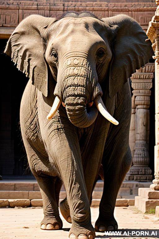 ancient indian elephant is carrying with his trunk a full naked chubby female indian temple servant with shaved vagina - #main