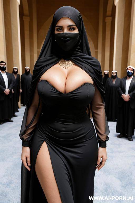 niqab, burqa, gigantic boobs, surrounded by old men in suits, earrings, neckless, big boobs in tight dress, squeeze boobs, huge cleavage, festival - #main