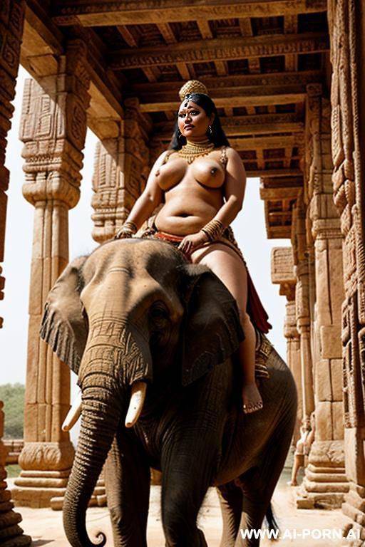 ancient indian chubby full naked female temple servant and a female priestess are riding on an elephant - #main