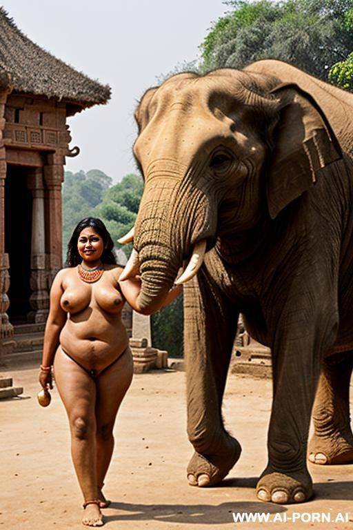 ancient indian elephant is carrying with his trunk a chubby naked female indian temple servant - #main