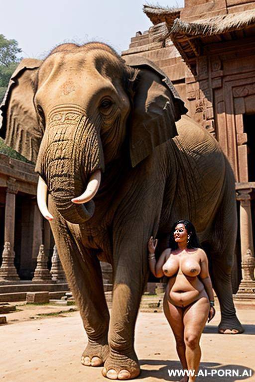 ancient indian elephant is carrying with his trunk a chubby naked indian temple servant - #main