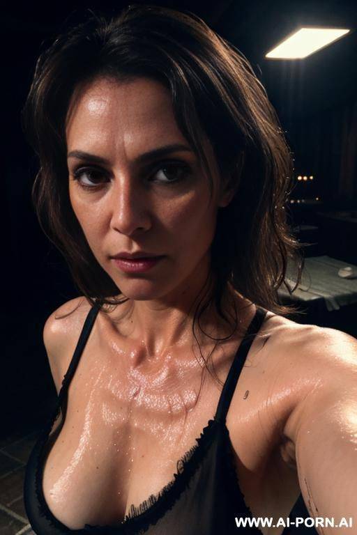 drunk, soaking in sweat, eye contact, selfie close-up, lacerated blouse, mature, disheveled tousled hair, in a t, dark lighting, long erect nipples, exhausted, caucasian, - #main