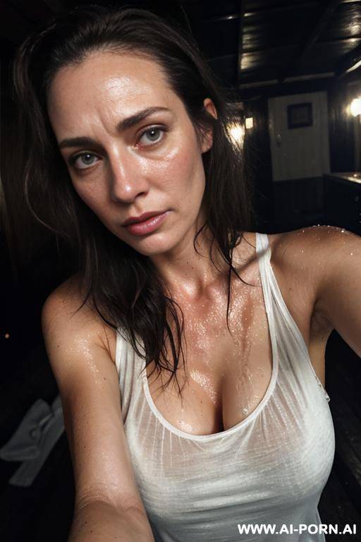 drunk, soaking in sweat, eye contact, selfie close-up, mature, disheveled tousled hair, dark lighting, long erect nipples, exhausted, caucasian, downpour, redneck, - #main