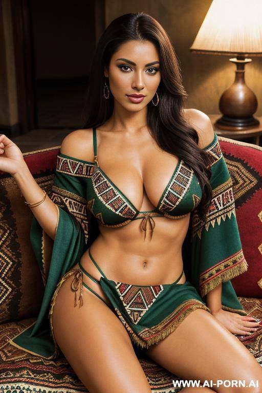 realistic beautiful natural aztec woman, happy, beautiful natural boobs, beautiful natural body, dark green and beige royal aztec robes and brown royal aztec lingerie, in a harem, on a couch, colored picture - #main