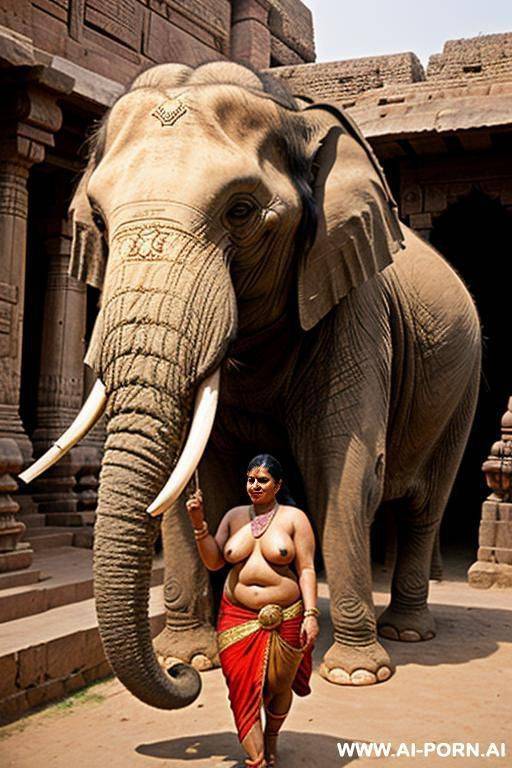 ancient indian elephant is carrying with his trunk a chubby naked female indian temple servant - #main