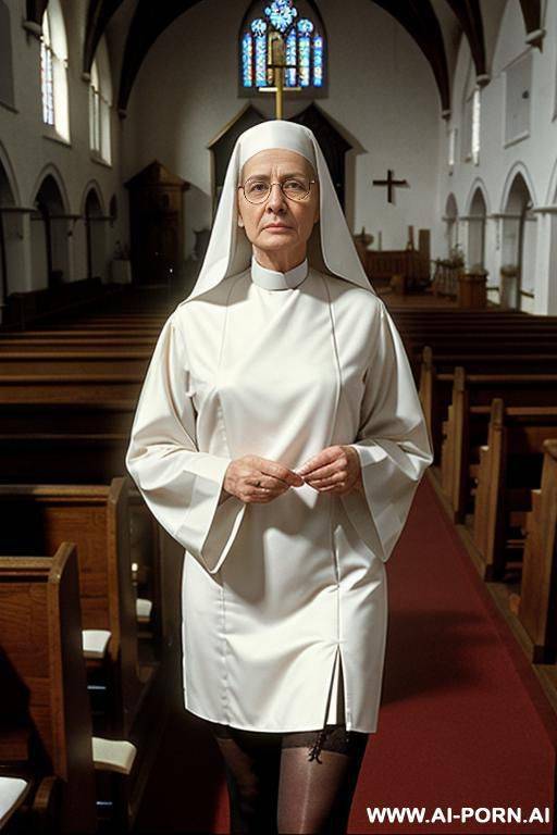nun, old, lifts the hem of her dress, hairy pussy. - #main