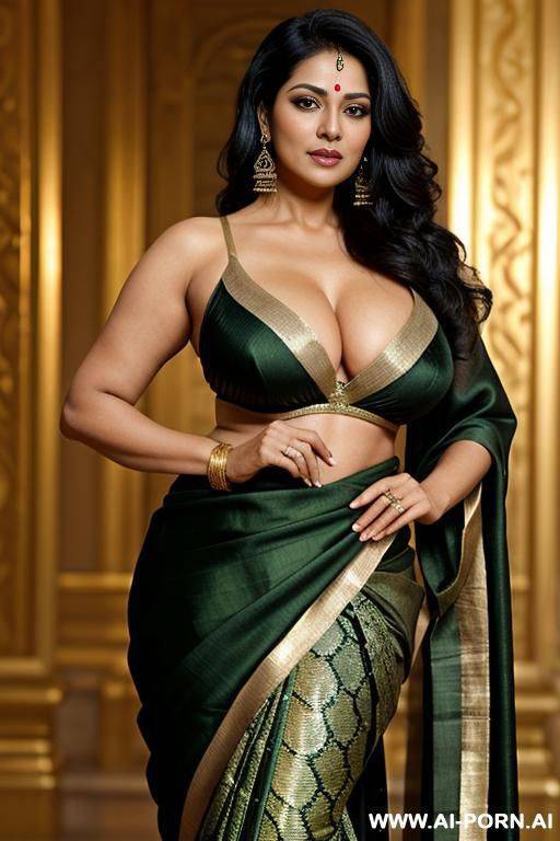her upper body is that of a graceful, mature indian woman with long flowing black hair, rned in golden elry and a silk saree-like. her lower body transforms into a majestic, coiled serpent - #main